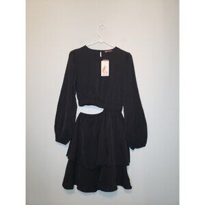 Prettygarden Women S Mini Dress Black Waist Cutout Long Sleeve Ruffle Tiered NWT